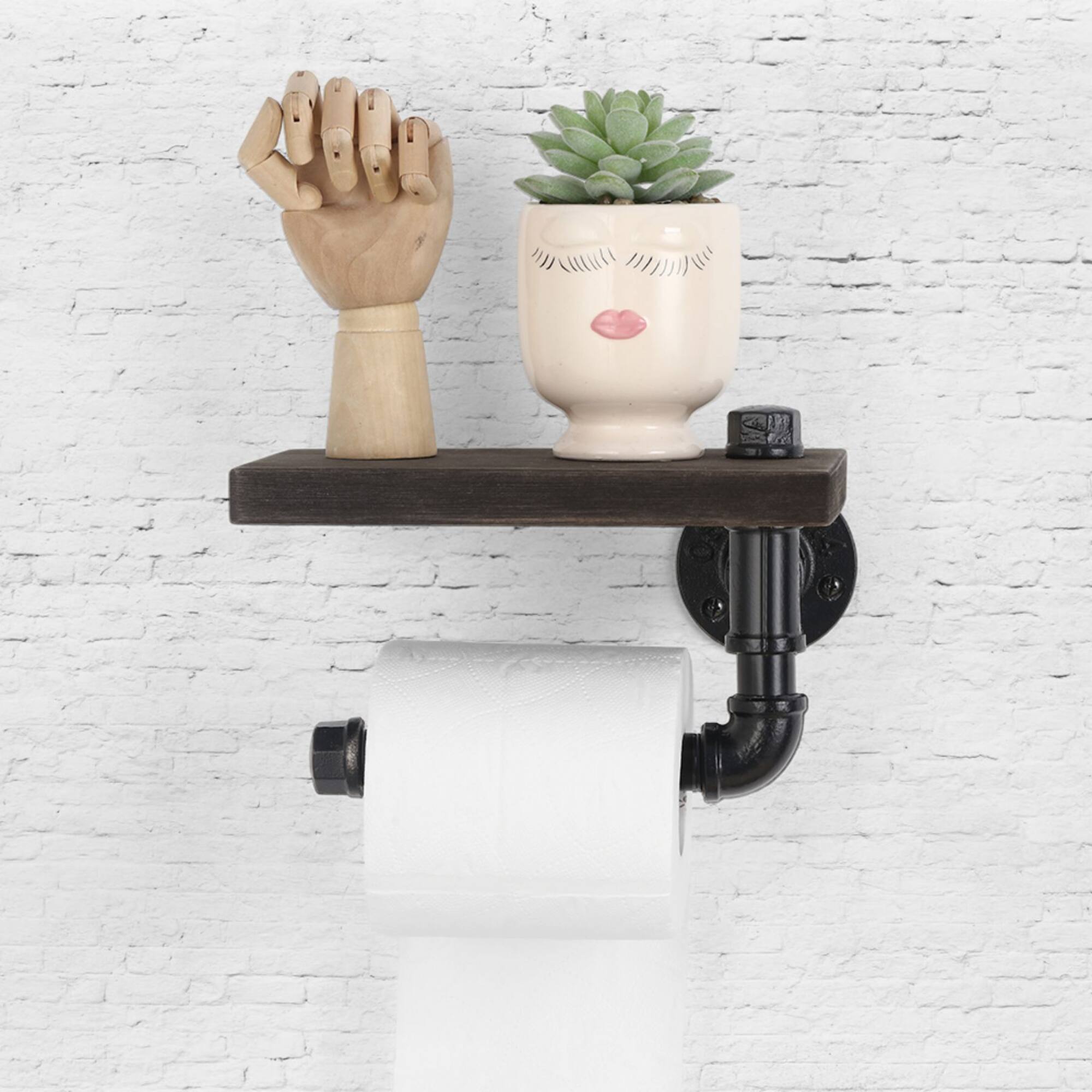 Black Wall Mounted Toilet Paper Holder with Rustic Wooden Shelf